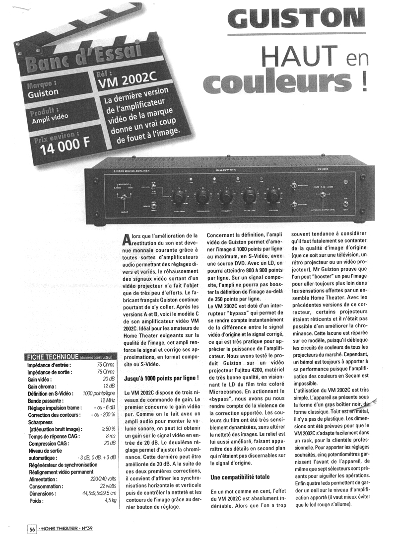VM 2002 C Amplificateur Regnrateur d'Images - Article paru dans le magazine HOME THEATER N-39 page 1