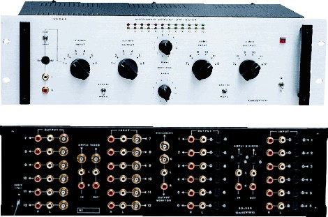 PROMOTIONS S?lecteur distributeur Vid?o Active
  ?vitez l'usure des c?bles et les risques d'erreurs.
 Jusqu'? 13 s?lections en entr?es - 12 Distributions en sortie - Y/C et composite. Prises pour insertion ampli audio ou vid?o. Au total, plus de 80 fiches de connexions !
     ?  12 entr?es audio/vid?o
     ?  12 sorties audio/vid?o
     ?  Y/C et composite
     ?  Connectique plaqu?e or
     ?  Prise directe pour cam?scopes sur face avant
     ?  Monitoring vid?o et audio st?r?o
     ?  Imp?dance vid?o: 75 Ohms
     ?  Imp?dance audio : 47 KOhms
     ?  Bande passante : 30 MHz Guiston SD 266