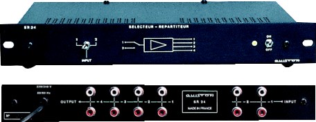 PROMOTIONS S?lecteur R?partiteur Actif audio st?r?o RCA 2 entr?es - 4 sorties simultan?es   10 KOhms/470 Ohms 200 KHz - 2,5 V C/C Niveau de saturation ?lev?, pour transmettre toute la puissance de modulation des ampli-correcteurs SVA 3300/3600/6000.  Guiston SR24